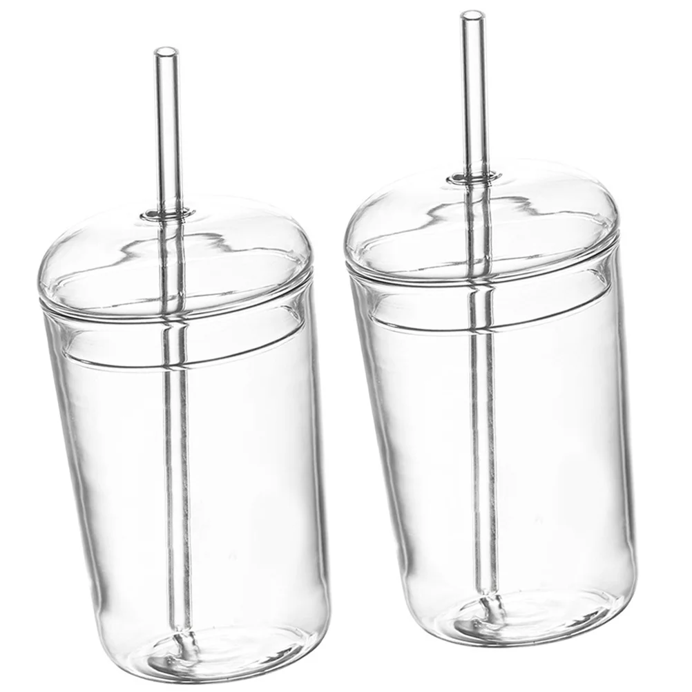 

2Set Glass Drinking Mugs with Straw Beautiful Lovely Cup for Milk Juice Coffee Home Hotel Use Large Capacity Beverage Container