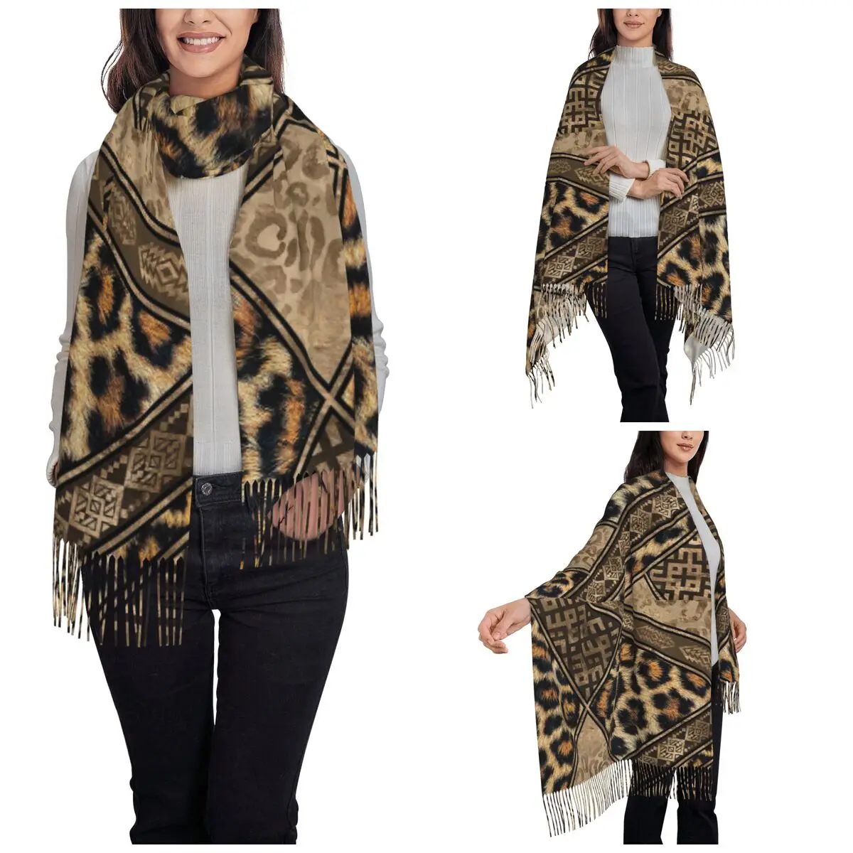 Women's Tassel Scarf Leopard Fur With Ethnic Ornaments Large Shawl and Wrap Brown Animal Leopard Daily Wear Pashmina Scarves