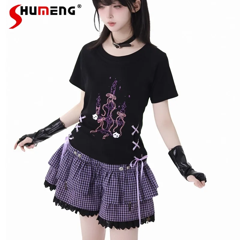

Purple Plaid Mini Skirt Summer Waist And Thin Color Matching Top Age Reduction Cute Short-sleeved T-shirt For Women's Clothing