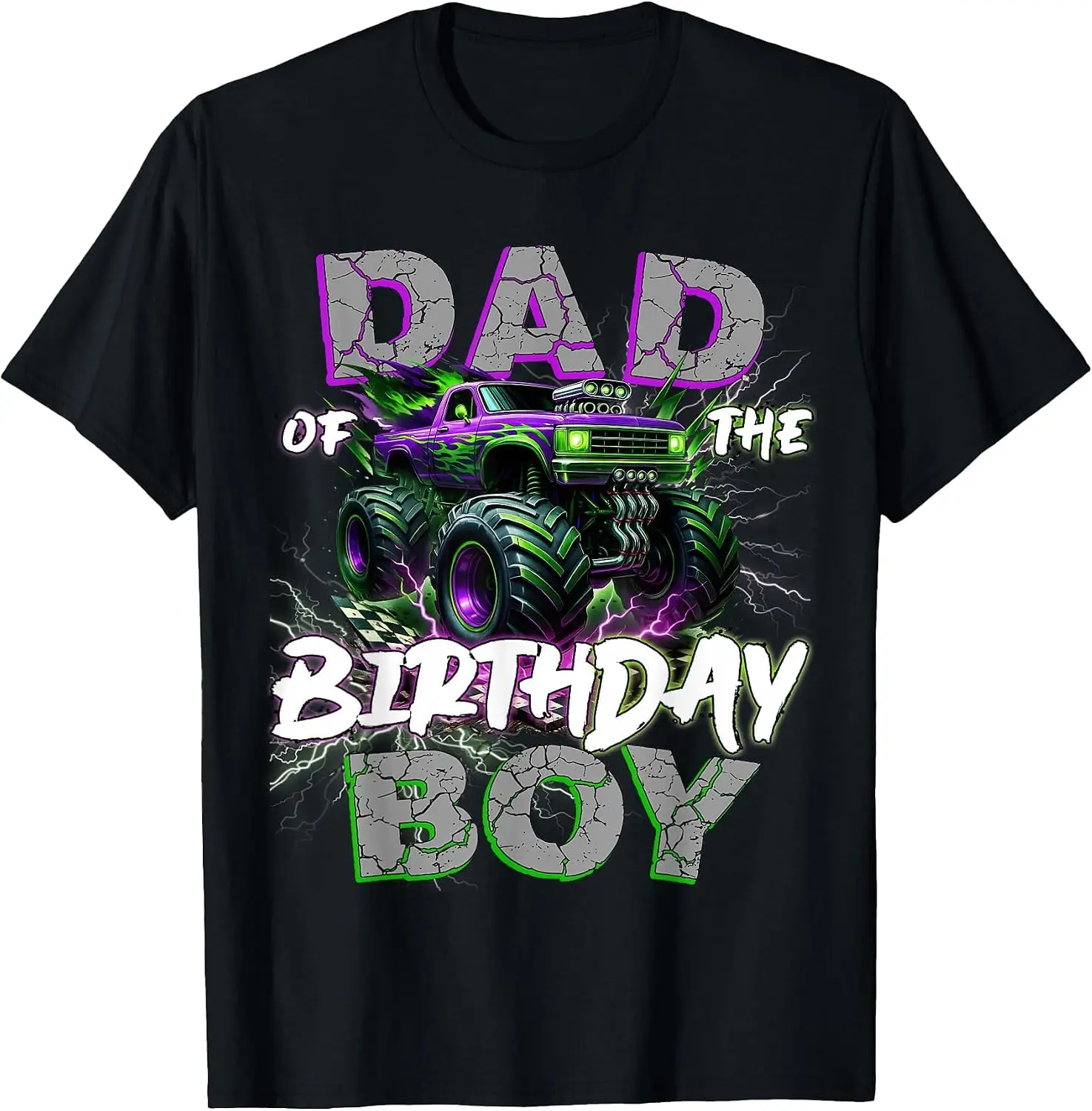 Dad Of The Birthday Monster Truck Family Matching Party T-Shirt Men Casual Graphic Print T‑Shirt Crew Neck Short Sleeve Vintage Street Style Soft Fabric Daily Wear Tops.Holiday Festive,Party Wear,Theme Print Tee.