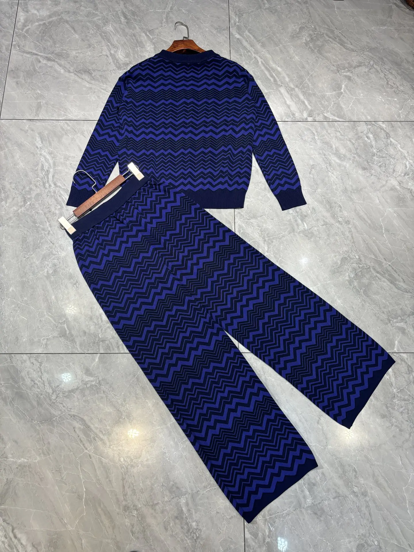 Spring Fashion Dark Blue Vintage Zigzag Pattern Knitting Trousers Suit Women's O-Neck Long Sleeve Tops + Straight Barrel Pants