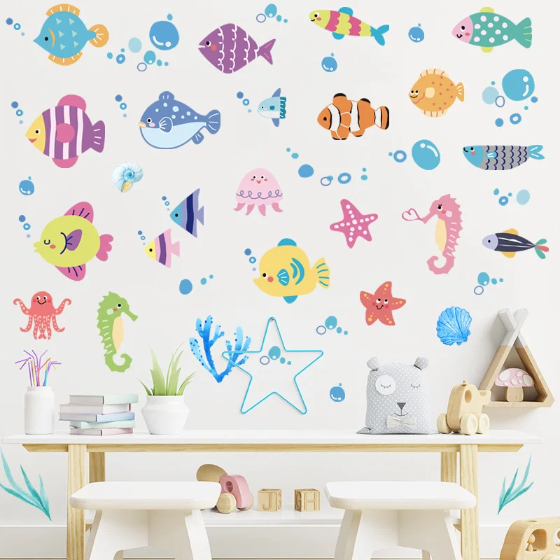 Colorful Cartoon Underwater World Wall Stickers, Clownfish Seahorse Octopus Starfish Kids Bathroom Nursery Decor