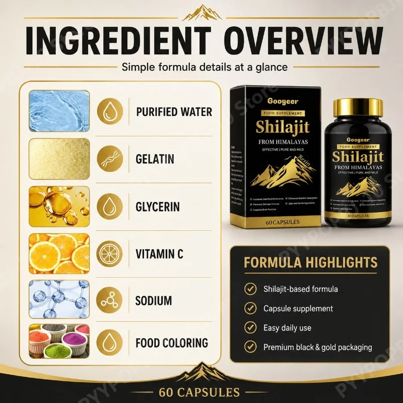 Googeer Shilajit Food Supplement Capsules From Himalayas 60 CT Supports Brain Function Enhances Nutrient Absorption