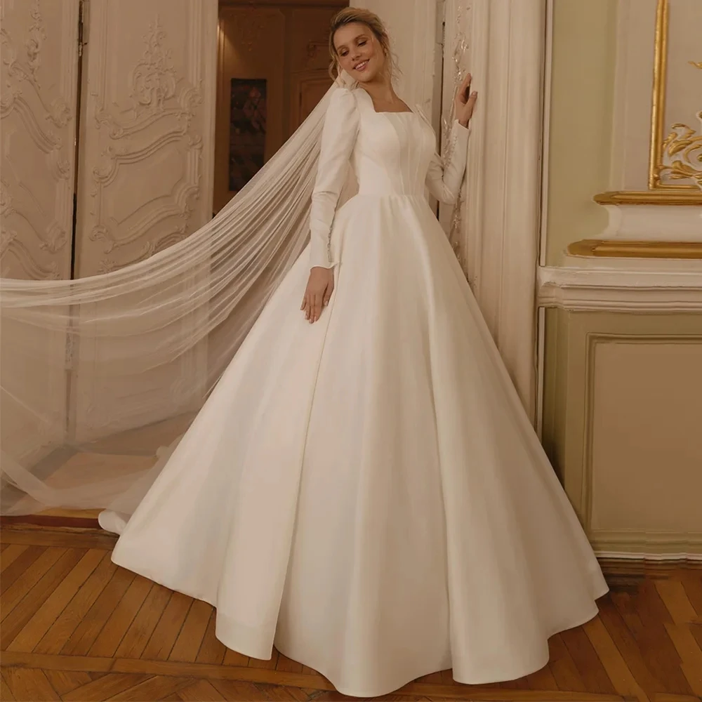 

2026 Classic A-line Wedding Dresses Square Neck Full Sleeves Back Buttons Sweep Train Satin Bride Bridal Gowns Vestidos De Noiva