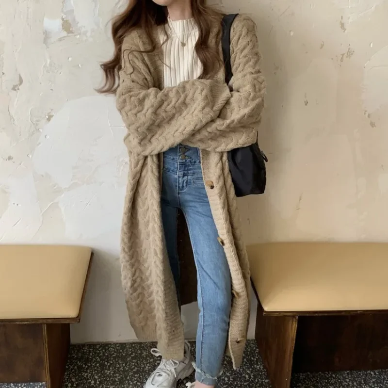 Women New Solid Colors Cable Sweater Single-breasted Loose Casual Cardigan Lazy Warm Autumn Winter Sweater Cardigan Oversize