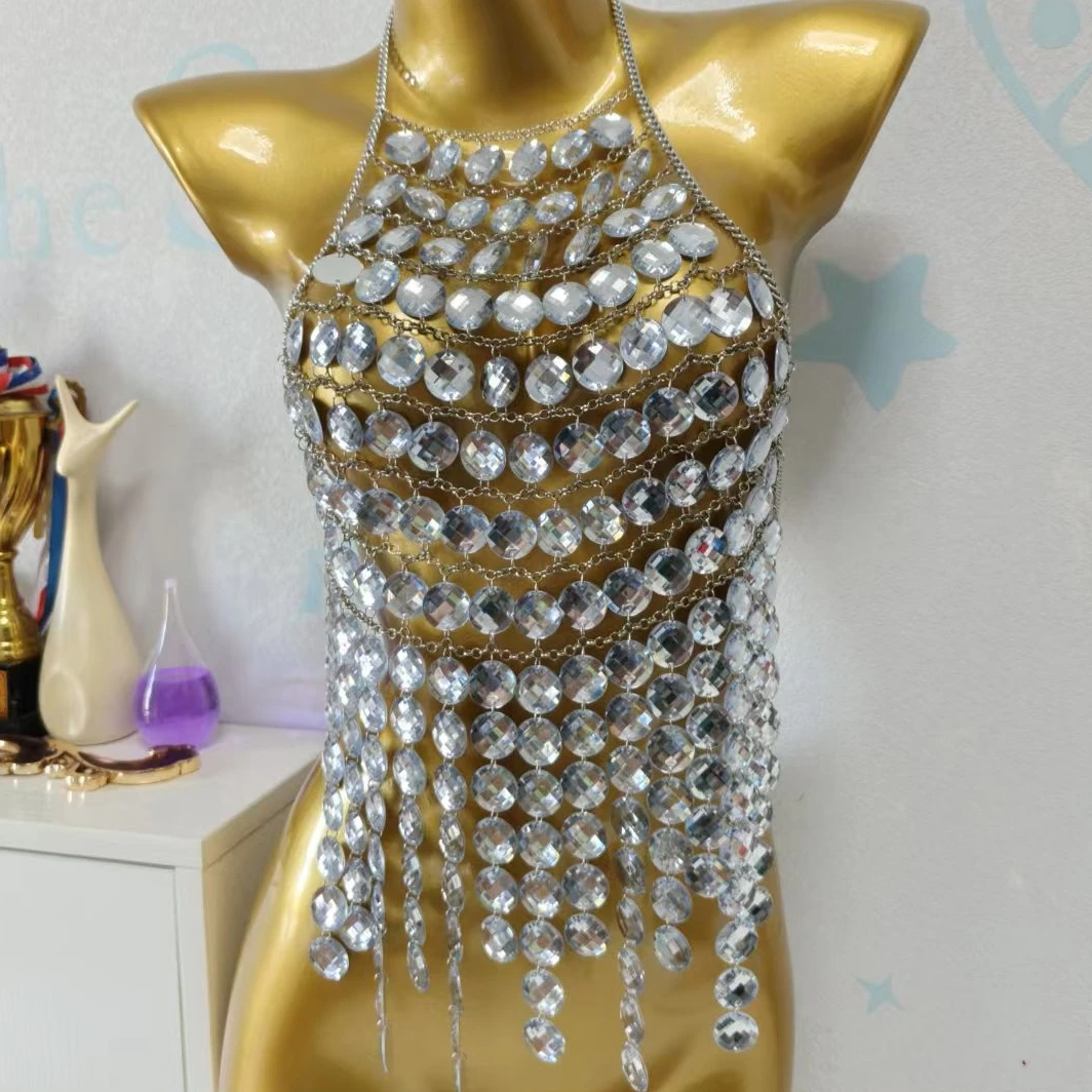 Silver Rhinestone Beaded Tassel Bra Chain for Women Bling American Style Beach Night Clubwear Diamonds Breast Body Jewelry Tops