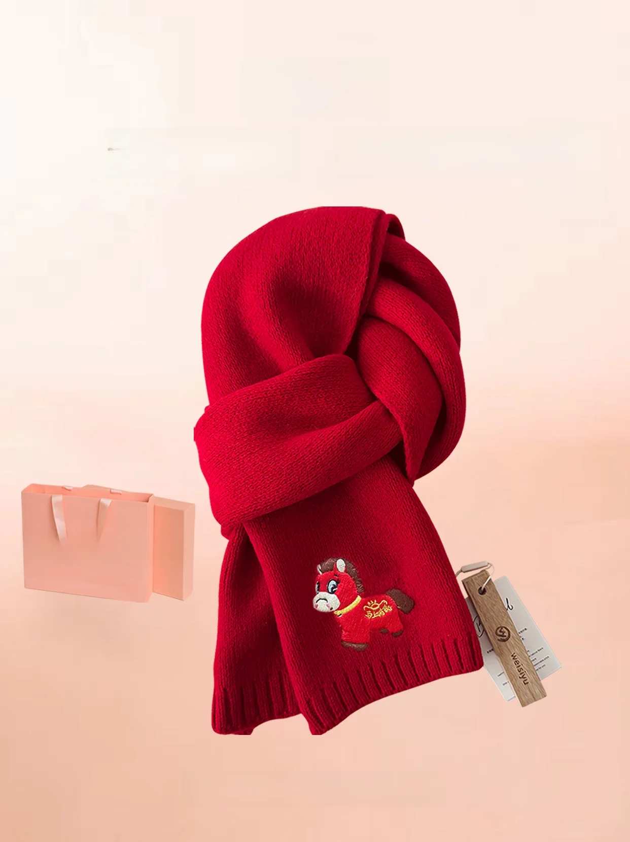 新年刺繍ウールスカーフ-00-ピュアウール暖かいネックウォーマー友人ギフトボックス馬年漫画キャラクタースカーフ
