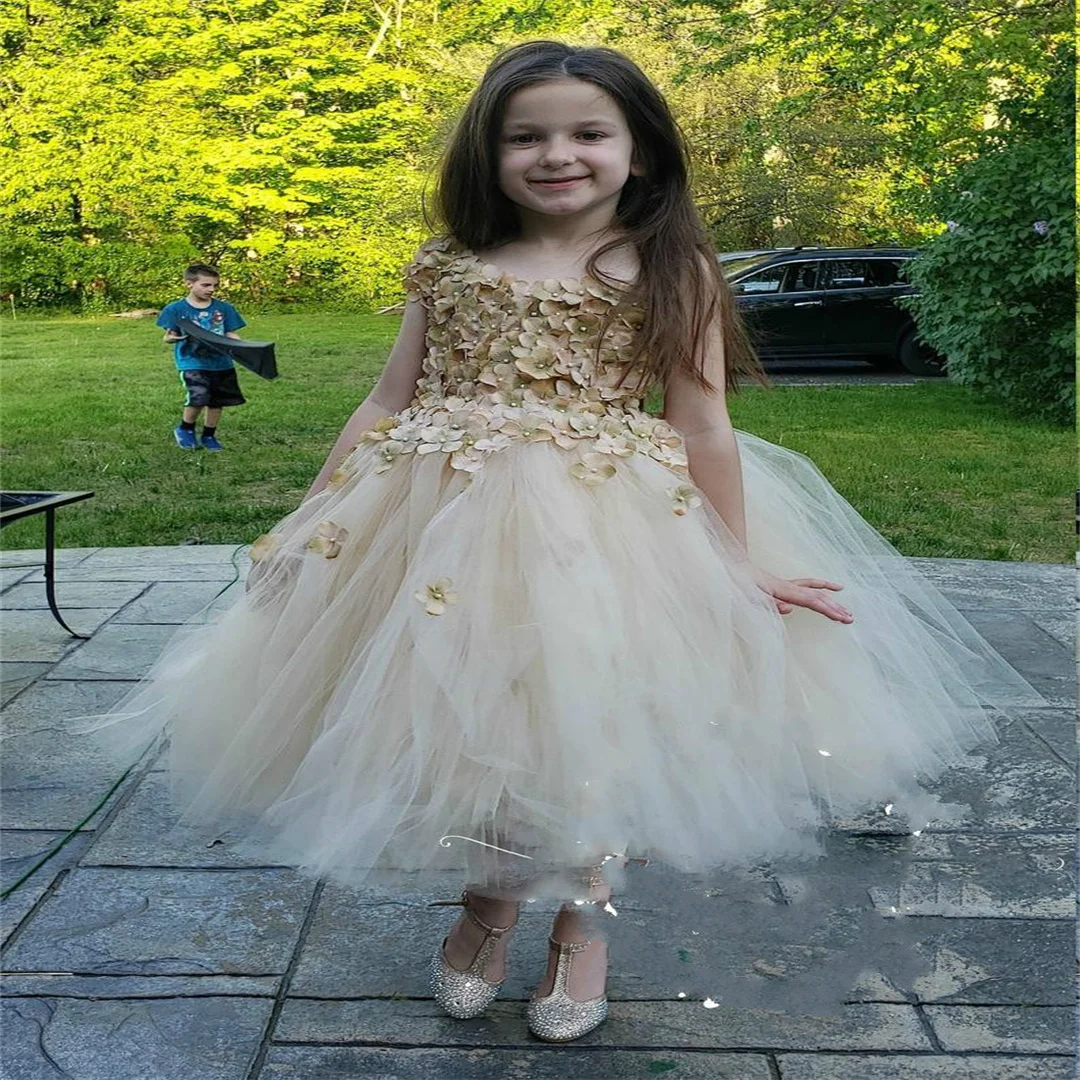 

Wedding Birthday A Line Flower Girls Dress Jewel Neck Sleeveless 3D Floral Appliques Children Birthday Party Costume Tea Length