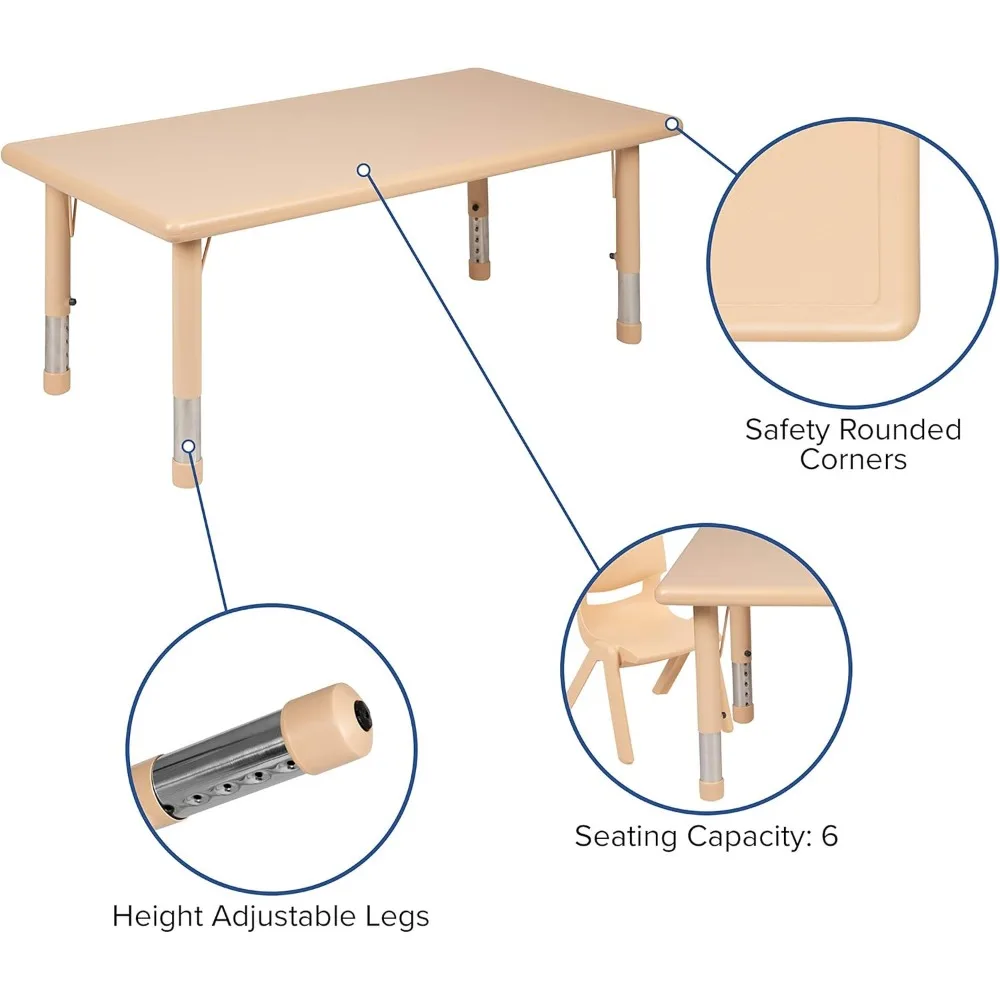 Mesa de atividade plástica ajustável, retângulo, natural L, 6 cadeiras, uso ideal na sala de aula, creche, pré-escola, 24 "x 48"