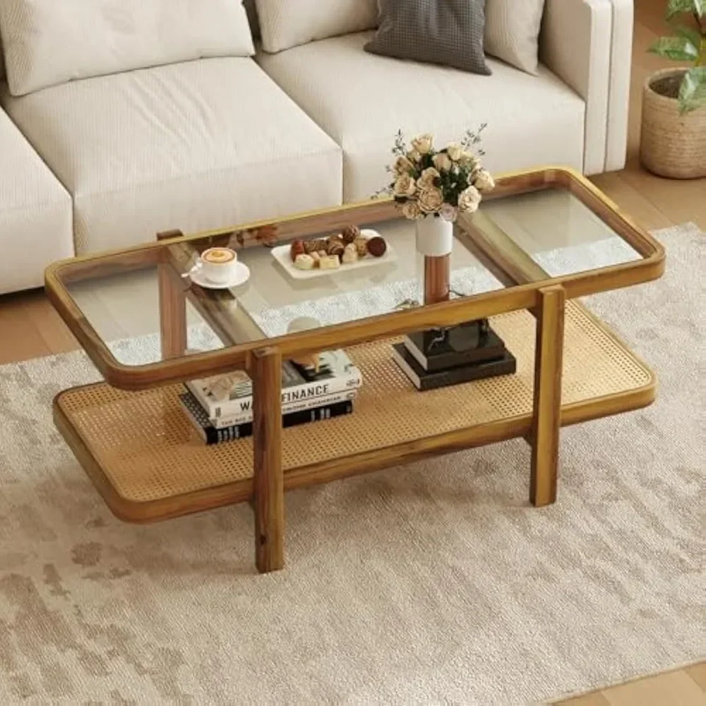 Mesa de centro, mesa de té rectangular de madera maciza de 47,5" con tablero de vidrio templado y estante de almacenamiento de ratán PE, mesas de centro bohemias de 2 niveles