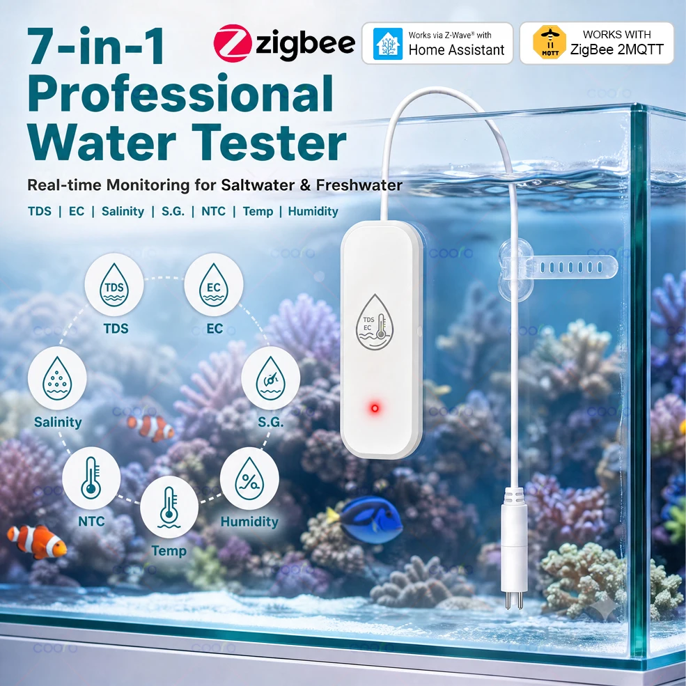 Zigbee Water Quality Sensor Seawater Freshwater Tester EC/TDS/Salinity/S.G/NTC/Temp/Humidity Monitor for Reef Aquarium Fish Tank
