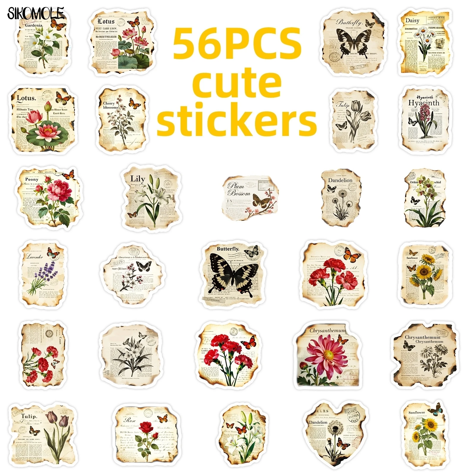 สติกเกอร์ลายวินเทจ 10/56 ชิ้น ลายดอกไม้ ลายหนังสือพิมพ์ ลายกราฟฟิตี สำหรับตกแต่งสมุดภาพ แล็ปท็อป เครื่องเขียน กระเป๋าเดินทาง ของเล่นเด็ก