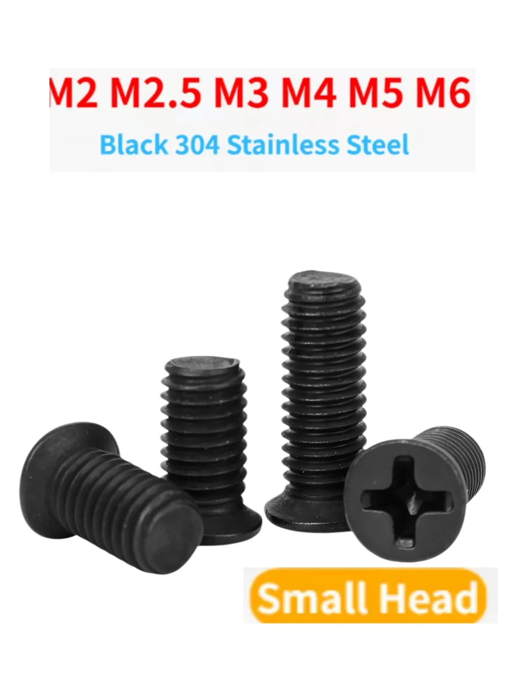 20‑200Pcs Black 304 Stainless Steel Phillips Countersunk Flat Head Screw M2‑M6, Length 3‑30mm Cross Recessed Machine Fastener