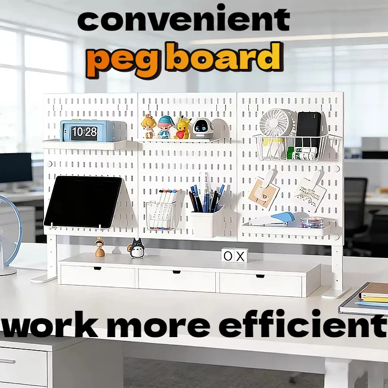 30×42cm Desktop Pegboard with Clamp-On & Stand Base, PP Plastic Hole Panel with Shelf & Basket, Tabletop Stationery Organizer