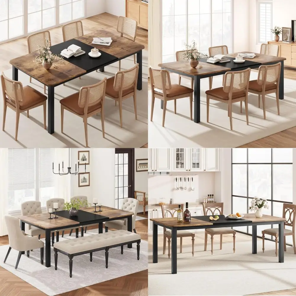 Industrial Style Rectangular Dining Table Seats 6-8, 78.7 Long Wooden Kitchen Table with Metal Frame, Sturdy Construction