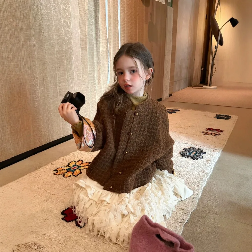 Girls Retro Color Block Chinese Style Wool Coat 2026 Autumn New, Stylish Premium Casual Outer Tops For Kids Girls for 90-160cm