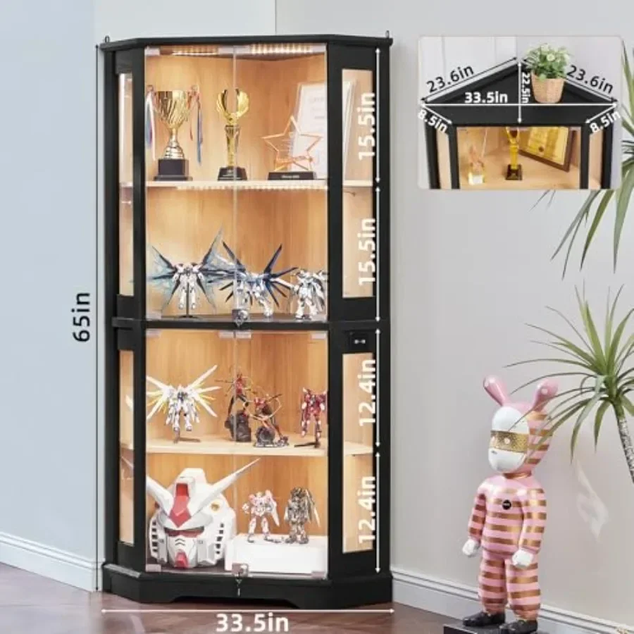 Farmhouse Corner Display Cabinet with Lock for Living Room, Solid Wood, White, Adjustable Shelves and Secure Locking Mechanism