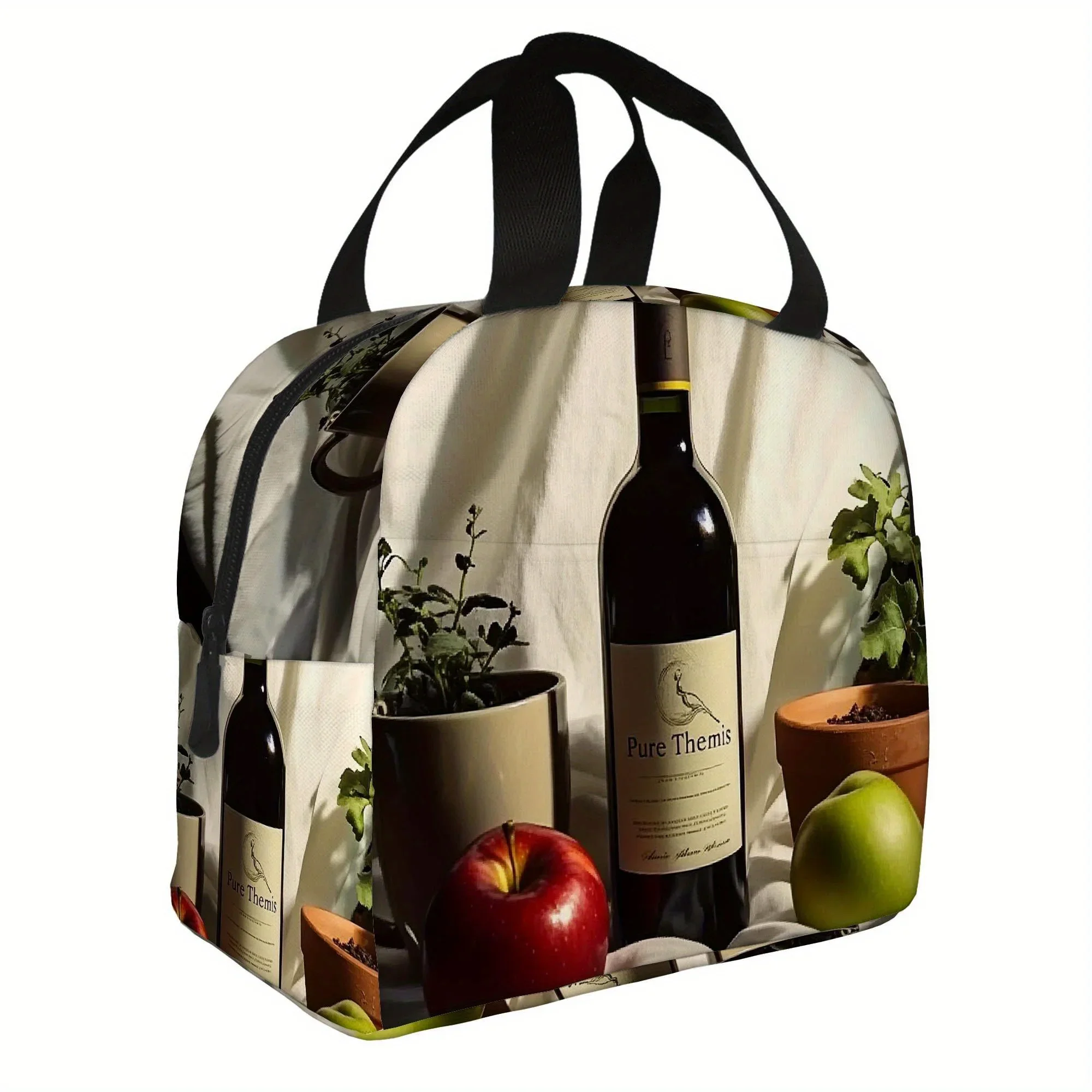 1pc Thermal Insulated Bag with Wine Bottle, Apples & Plants Design - Reusable Portable Cooler for Home, Office