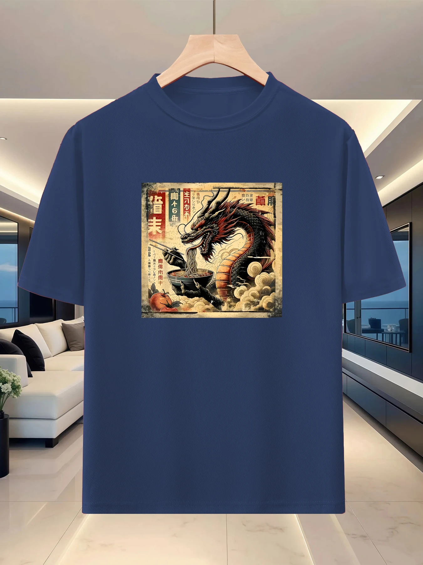 Elegant and lazy men's loose shoulder half sleeved spring and summer short distance travel trend creative graphic printed T-shir