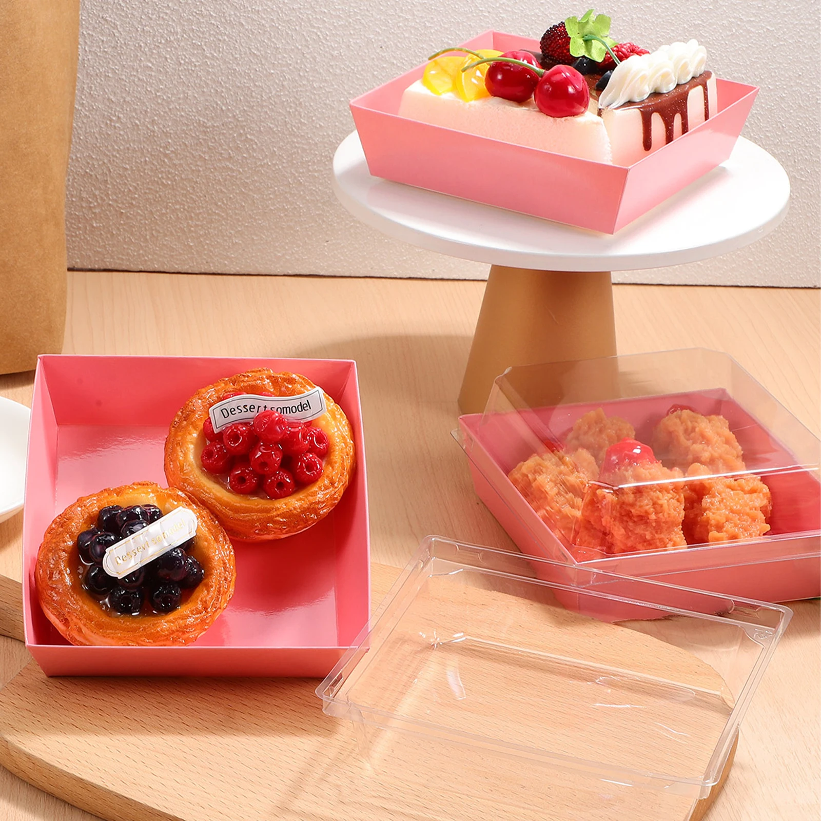

50 Pcs Square Large Pink Dessert Boxes Bread Cake Containers Plastic Slice Boxes For Portions Mini Cupcake Treat Storage