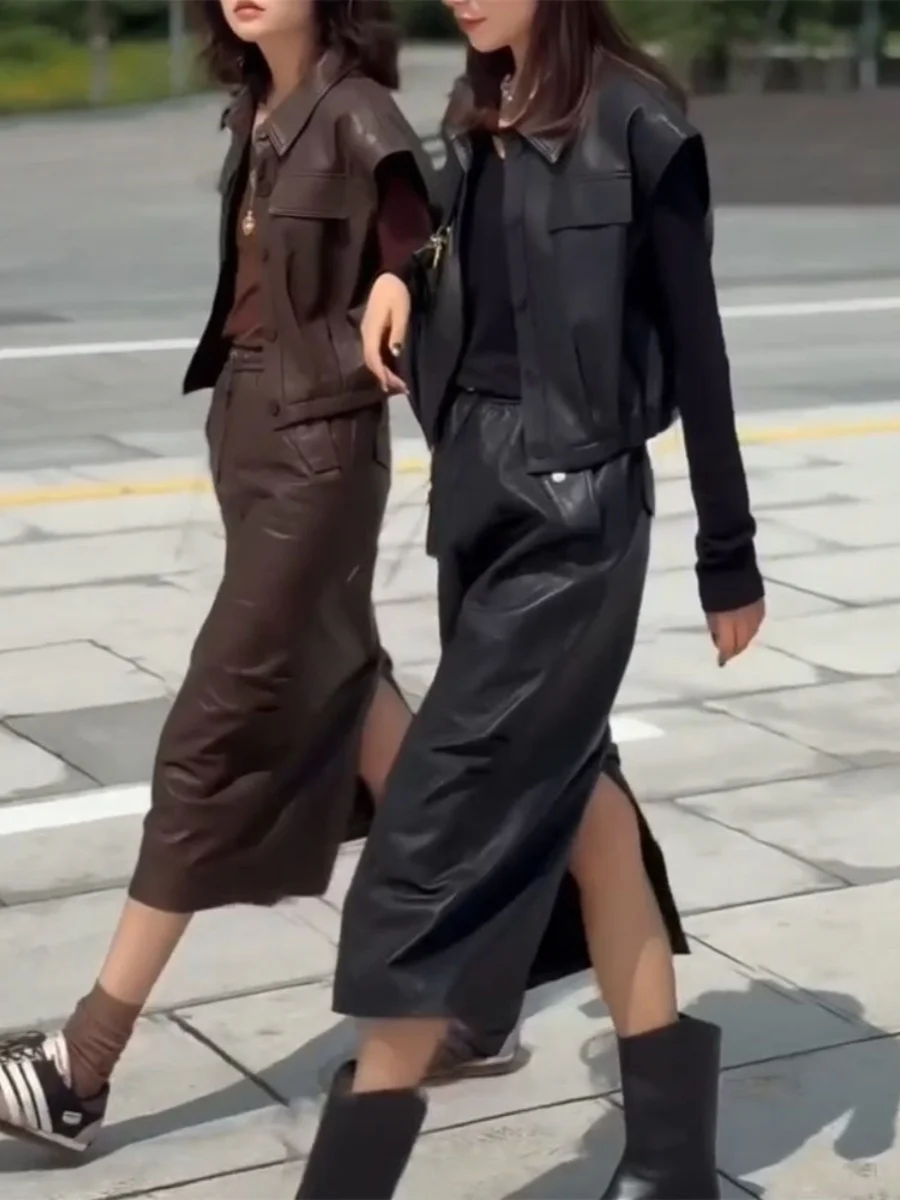 Chen Mrs. Genuine Leather Single Button eepskin Vest Women's Svel Jaet Versatile Outerwear Square Collar ort Sle