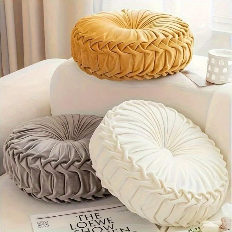 1pc Decorative Round Pleated Seat Cushion, Classy Accent Wheel Throw Pillows With Center Button