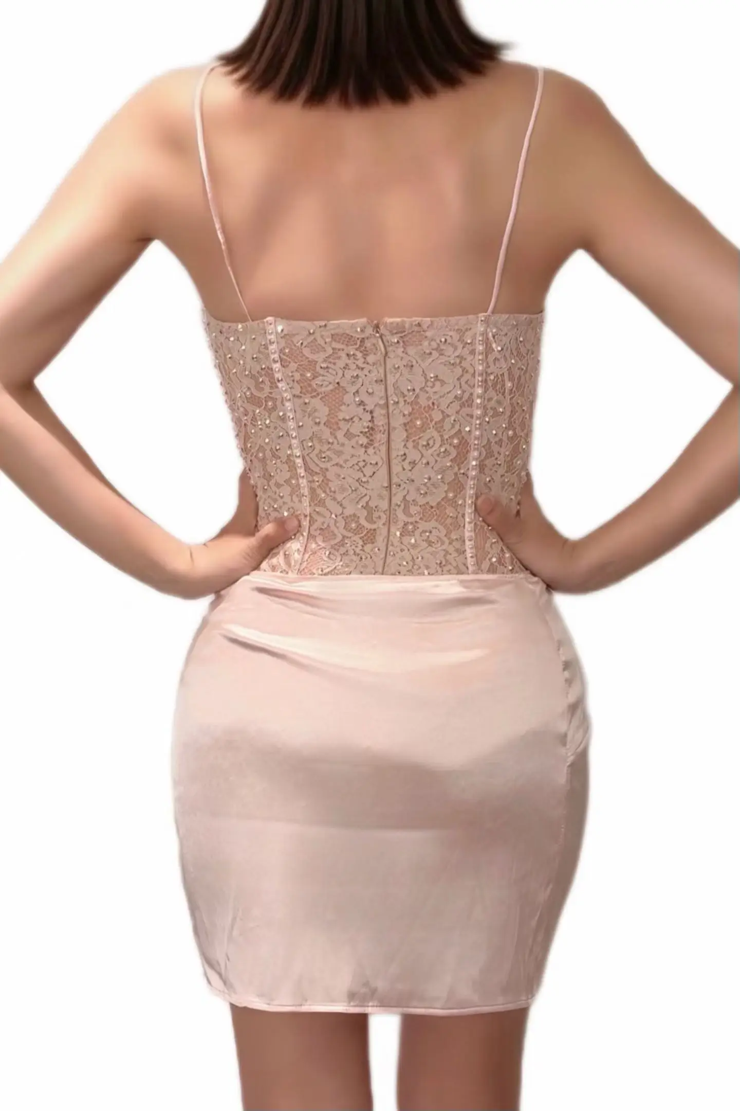 Luosehua Sparkly Lace Rhinestone Corset Spaghetti Strap Mini Dress Satin Wrap Feather Pearl Accent Nightclub Outfit