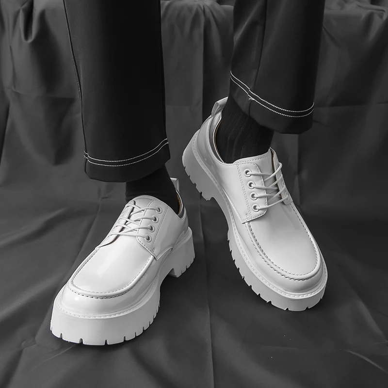 

Summer Patent Leather Loafers Lace Up Round Toe Matte Height Increasing Light Luxury Business Casual Fashion Shoes