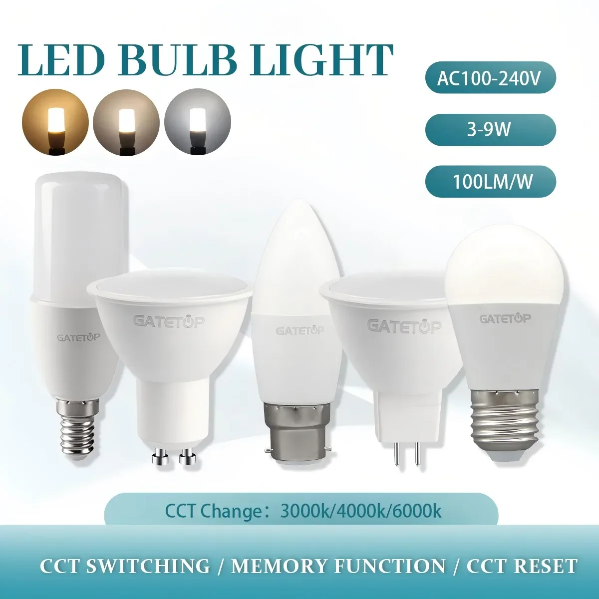 6pcs LED light Bulb Colour Changing Light CCT(3000K 4000K 6000K) E27 B22 E14 GU10 GU5.3 Base spotlight for home living room