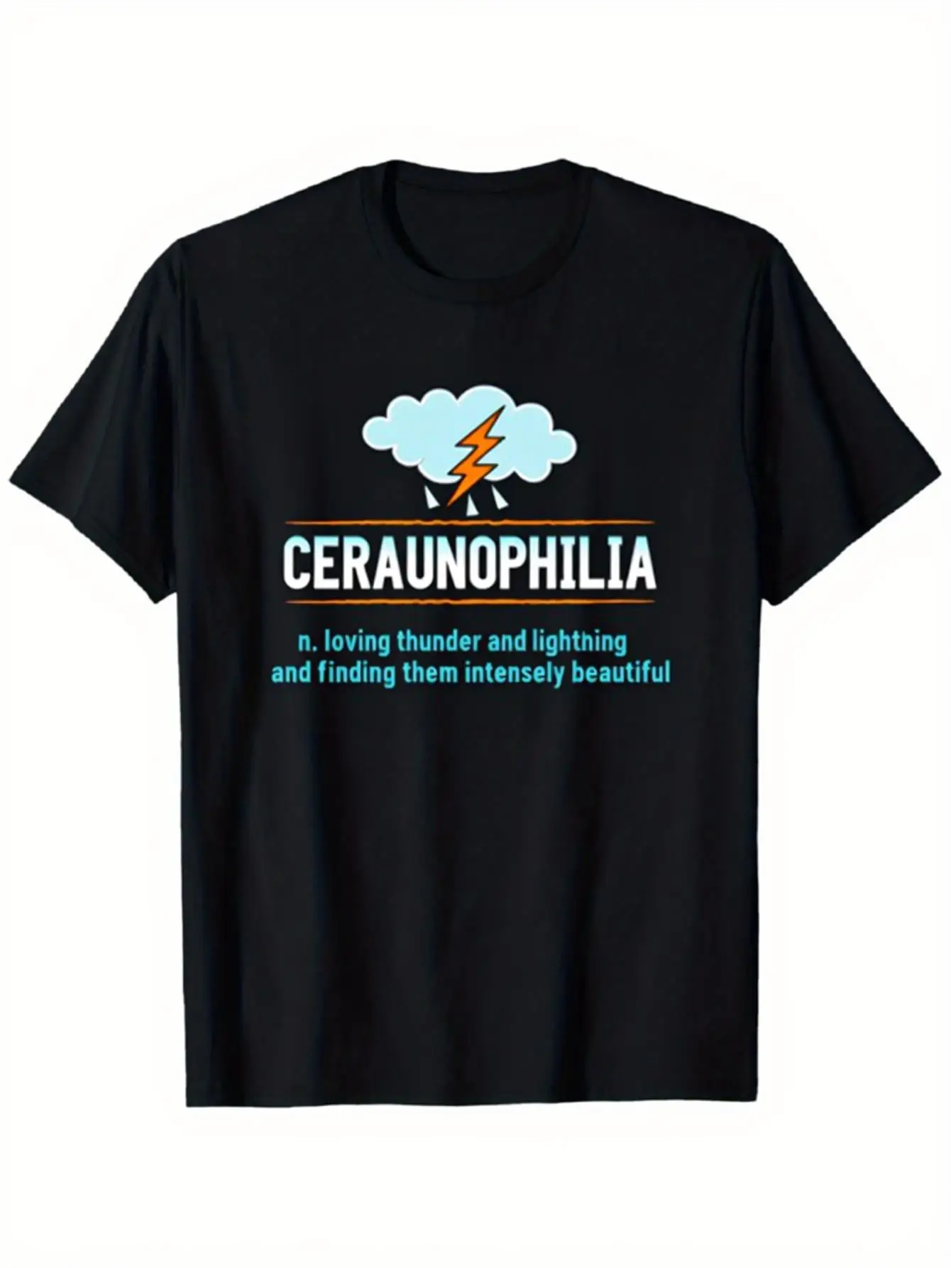 Trendy Men's Black Graphic T-Shirt Ceraunophilia Thunder Lightning Cloud Nature Quote Bold Typography 100% Cotton Heavyweight Short Sleeve Casual Streetwear Tee