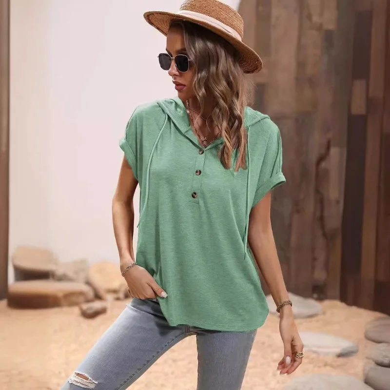 

Spring Summer Women's Short Sleeve T-shirt Solid Color Loose Versatile Hooded Drawstring Button Top Fashion Pullover T-shirt