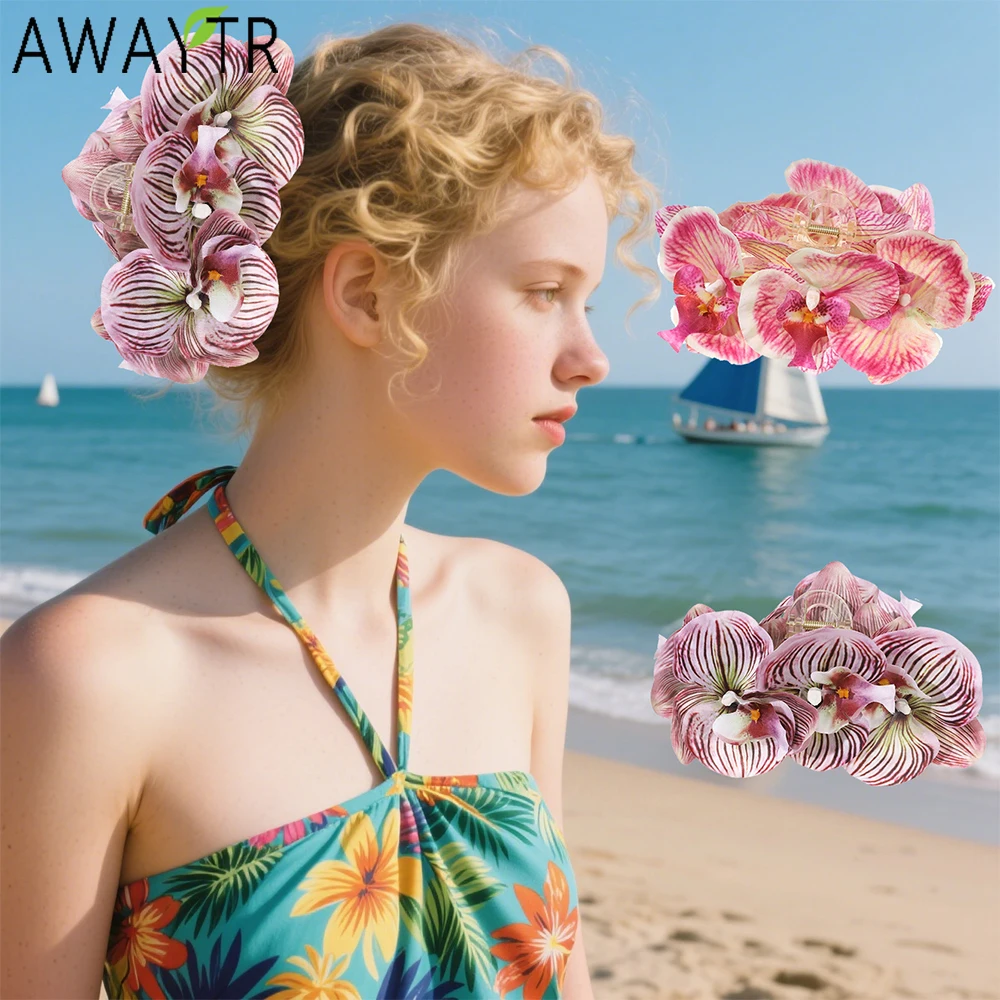 

AWAYTR Dried Phalaenopsis Flower Hair Claws Fashion Floral Hair Clips Crab For Girl Gift Hair Accessories Valentine Headwear