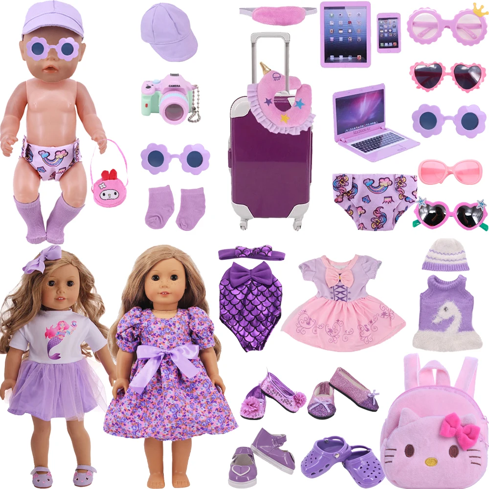 Doll Accessories Miniture Clothes,Shoes,Suitcase Suit Purple Sleeping Bag Pajamas Fit 18Inch American Doll&43cm Reborn Baby Doll