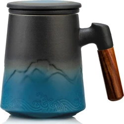 Elegant Black Ceramic Tea Cup with Embossed Gradient Design and Wood Handle - Stylish and High Capacity 450ml Infuser Mug Perfec