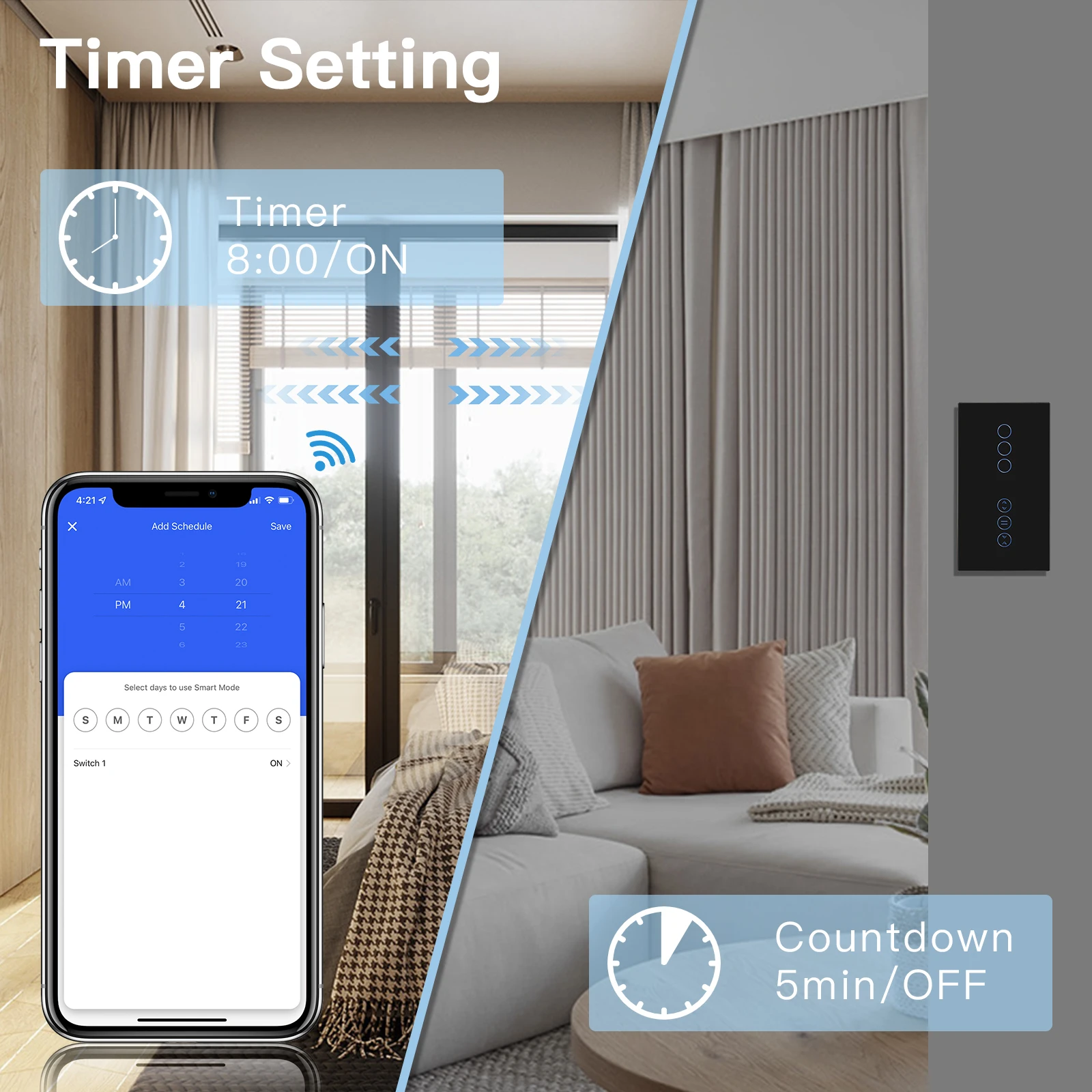 BSEED Curtain Wifi Switch Wireless Smart Switches 1/2Gang 1/2/3Way Touch Light Switch EU Standard Support Google Alexa Tuya App