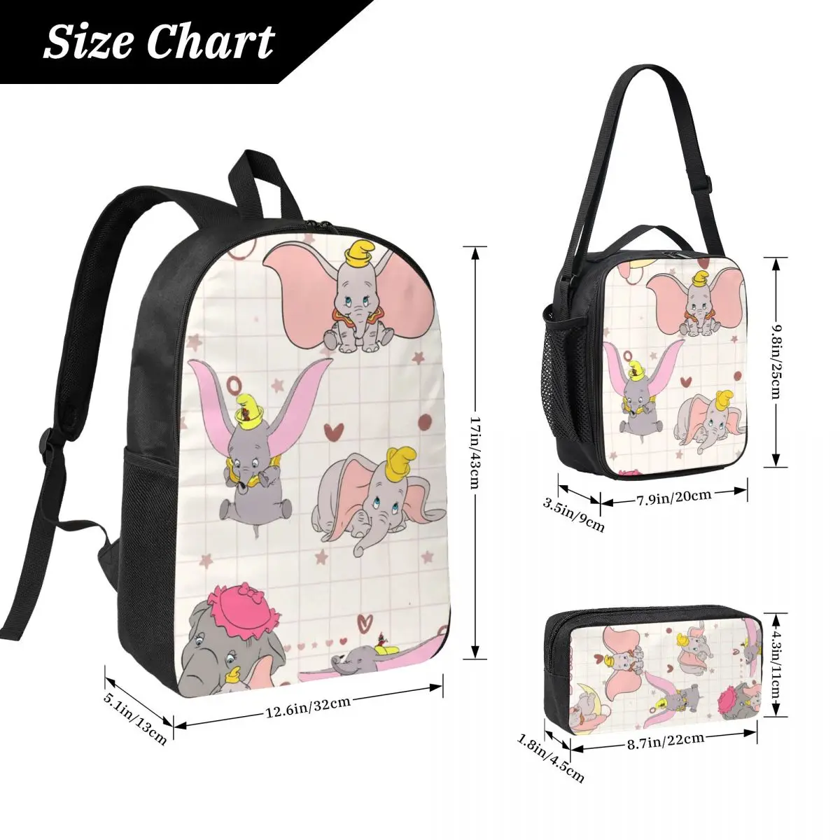 دامبو الكرتون نمط حقيبة الظهر طالب بنين بنات BookBag حقيبة مدرسية حقائب كتف الكمبيوتر 3ps معزول حقيبة الغداء مقلمة