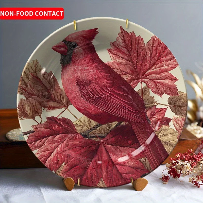 1pc Elegant Ceramic Decorative Plate - Hand-Painted Red Cardinal Bird on Autumn Branches, Non-Food Contact Decorative Plate for