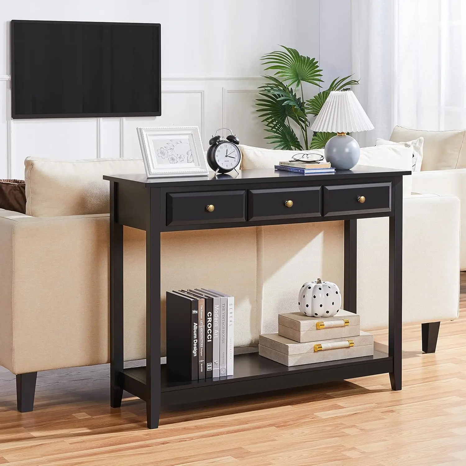 3 Drawers, Wood Entryway Table with Storage Shelf, Sofa Table Narrow Long for Living Room, Entryway, Hallway, Foyer, Black