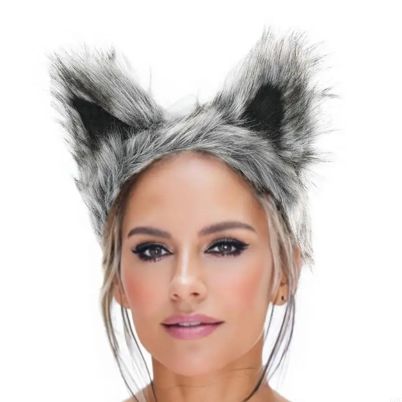 

L5YC Cats Foxes Faux Furs Ears Headband Halloween Fancy Dress Cosplay Costume Handmade Furry Animal Ears Hair Hoop Kid Adult