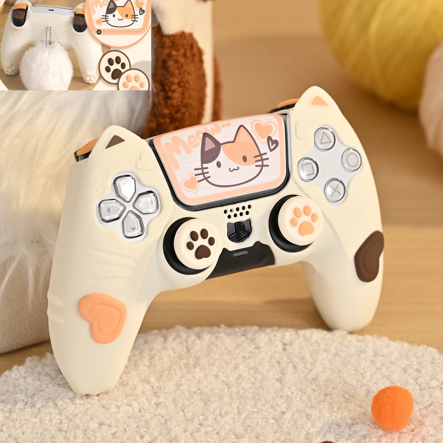 

Cute Calico Cat Silicone Soft Protector R2 L2 Sticker Skin For Sony Dualsense 5 PS5 Controller Case Thumb Stick Grip Cap Cover