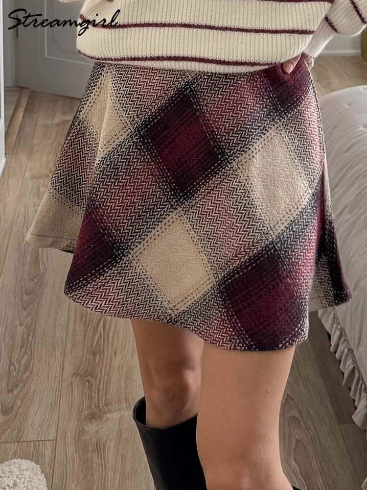 

Юбка-мини в клетку Streamgirl, черно-коричневая, женская, А-силуэт, бордовая шерстяная юбка с молнией, с высокой талией, короткая юбка в клетку для женщин