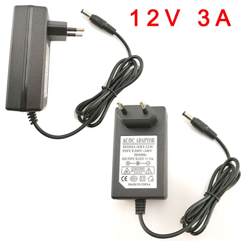 Adaptador AC carregador com EUA e UE Plug, fonte de alimentação, conversor, transformador para CCTV, lâmpada LED Strip, DC, 12V, 3A, 5,5 milímetros x 2,5 milímetros, 100V-240V