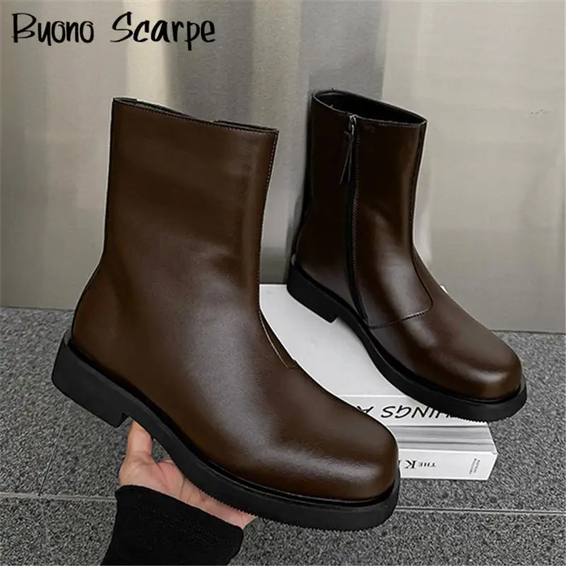 

New Unisex Style Round Toe Chunky Heels Men Women Boots Large Size Solid Color Zipper Fashion Western Retro Casual Concise Shoes