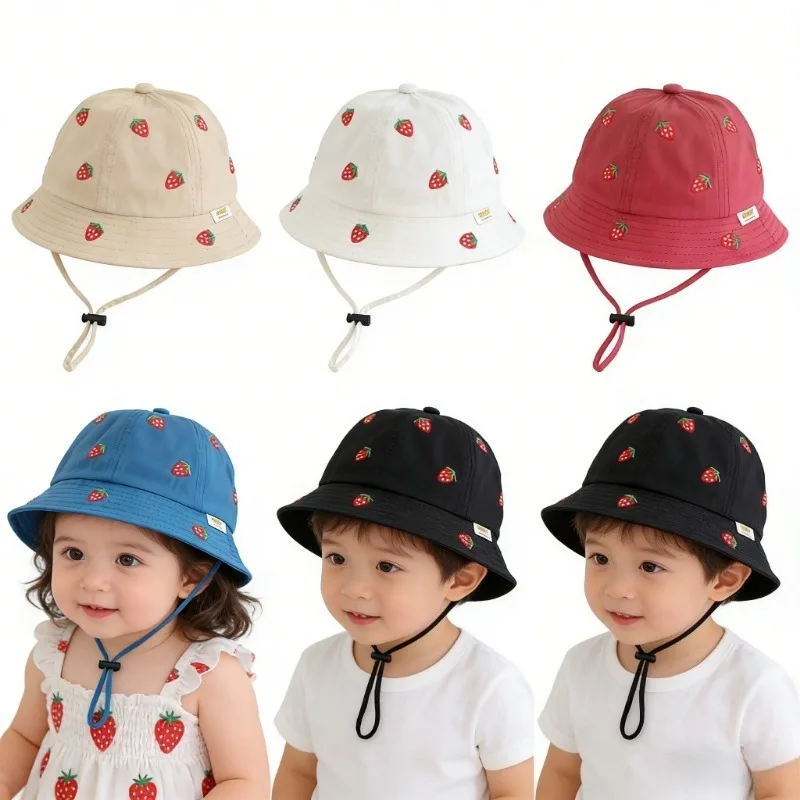 Girl Fisherman Hat with Strawberry Embroidery 48-50cm Spring Summer New Boys Cute Sun Bucket Cap Fashion Kids Toddler Outfit Cap view 5