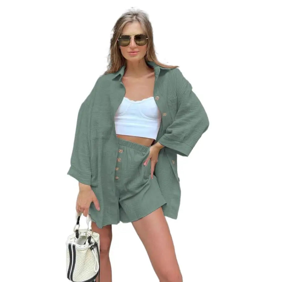 

2025 New Fashion Button-down Shirt + Shorts Two-piece Sets Women Summer Casual Loose Solid Color Top Shorts Suit For Women