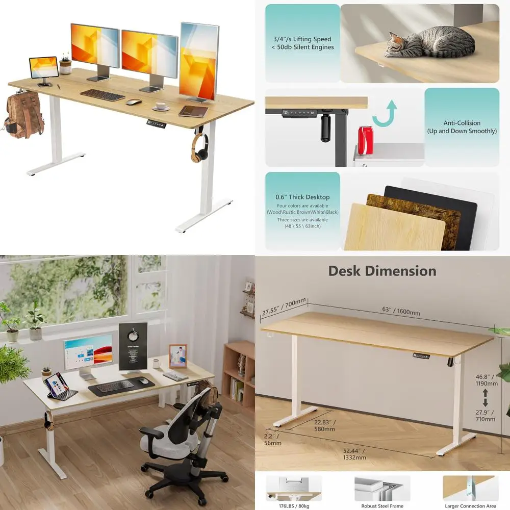 adjustable height electric desk 63x28 inches with wheels, memory settings, headphone hooks for home office