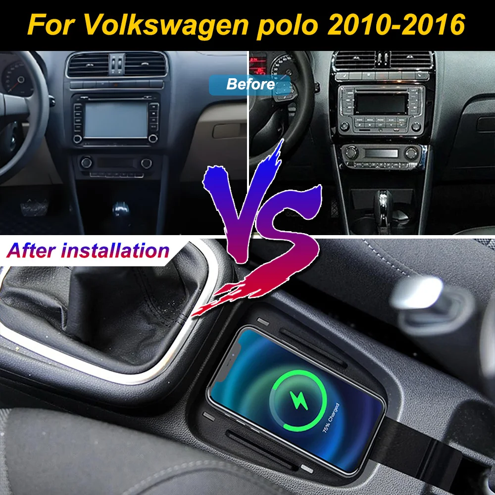 Carregador sem fio 2 Din para Volkswagen Polo 2010-2016, suporte para celular no console central com carregamento rápido para iPhone.