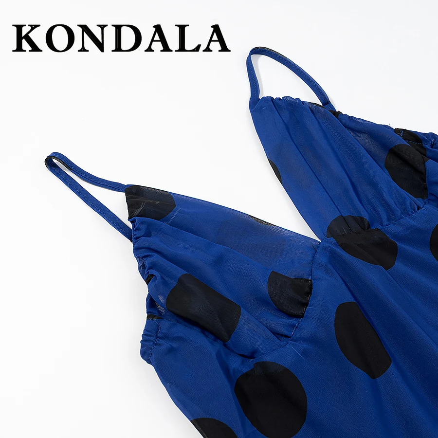 KONDALA Chic Polka Dot Elegant Long Blue Woman Dress Fashion 2025 Evening Part Cami Dress Fishtail Birthday Pleated Slim Vestido