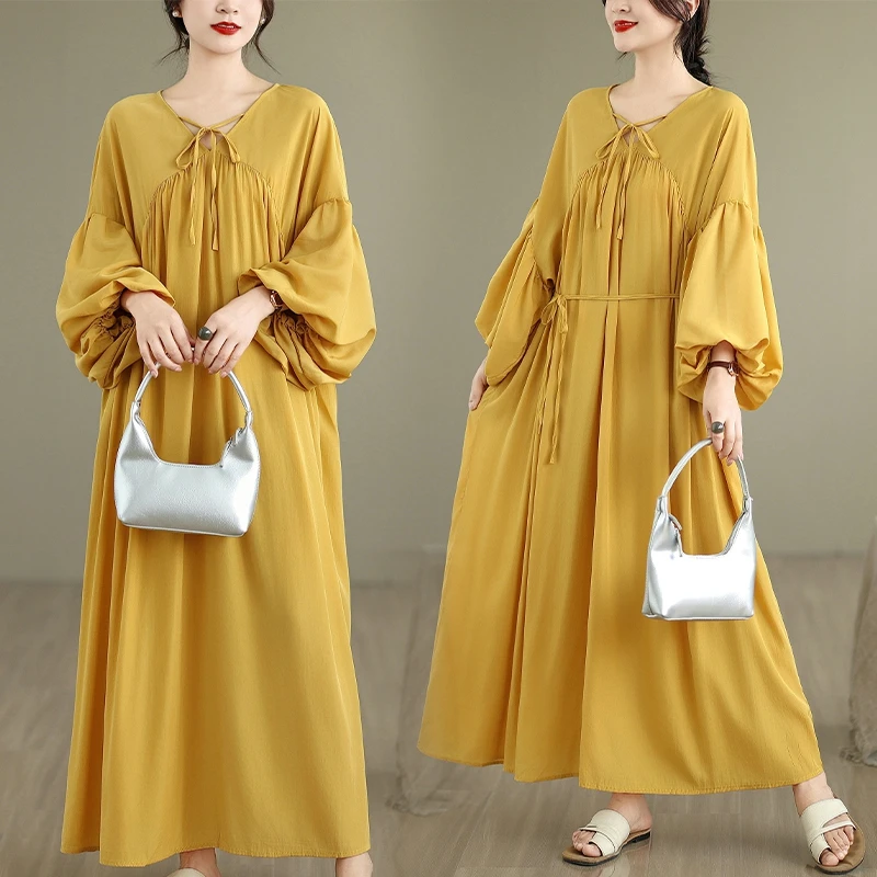 ชุดเดรสทรงเอ ผ้าชีฟองเนื้อนุ่ม สีพื้น ยาวคลุมเข่า ทรงหลวม สไตล์ลำลอง เหมาะสำหรับใส่ไปทำงาน  ผ้าใยทองแดงผสมแอมโมเนีย ทรงกลม  รุ่น Ne A-Line Dr