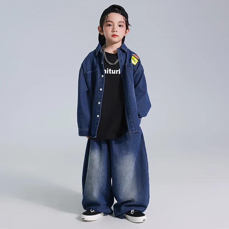 Kinder Hip Hop Kleidung Jungen Baggy Denim Mantel Hosen Street Wear Lange Ärmel Pause Poppin Dance Performance Outfit Rave BL14238